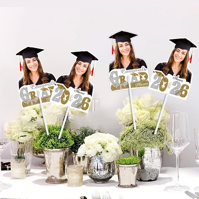 Personalized Graduation Face Fan 2026 Grade Custom Double Sided Face Cutout Fan with Handle Photo Booth Prop Party Supplies(B-Champagne and Silver,24pcs)