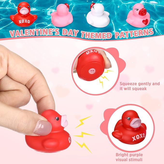 200 Pcs Valentine's Day Rubber Duck Heart XOXO Valentines Duck 1.4 Inch Pink Red White Float Toys for Party Favors Prizes Exchange Gifts Goodie Bag Fillers, 3 Styles