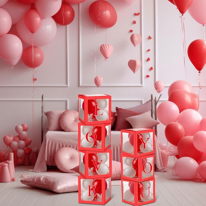 Thyle 12 Pcs Transparent Balloon Boxes Clear Balloon Boxes with 99 Letters for Baby Shower Gender Reveal Grad Birthday Party Bridal Wedding Anniversary Backdrop Decoration (Red)