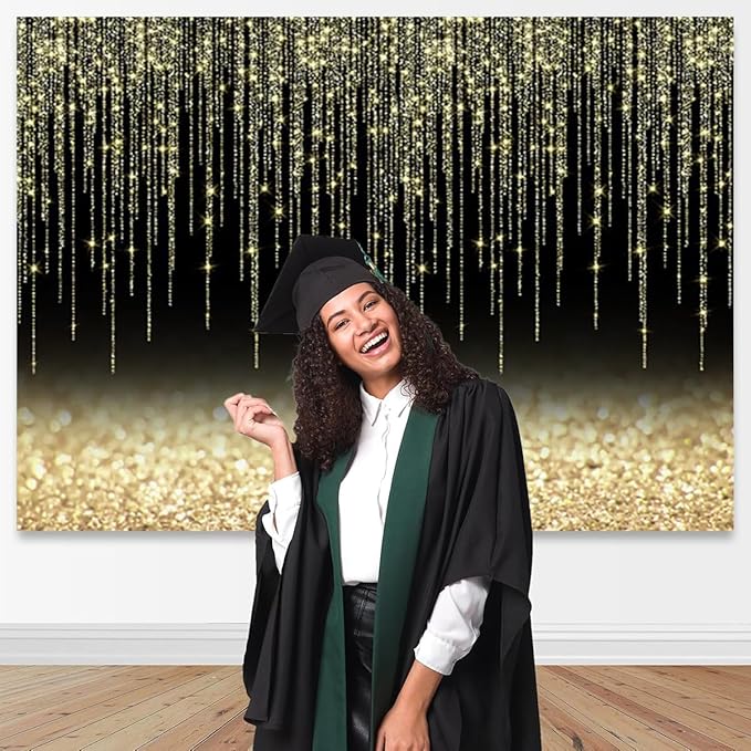 Black Gold Glitter Backdrop 10x8ft Christmas Birthday New Year Housewarming Retirement Party Graduation Background for Photography Theme Party Banner Studio Photo Booth Props