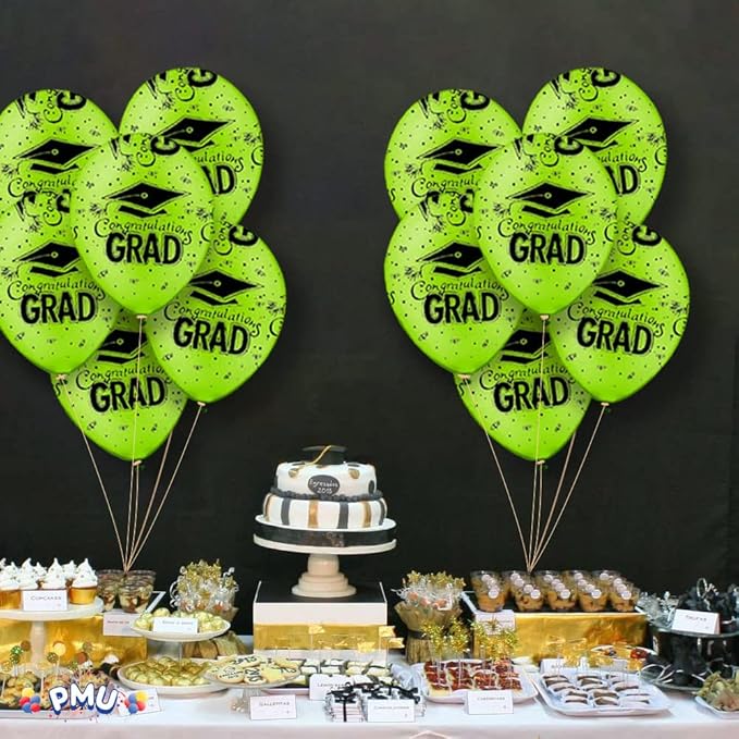 PMU 100 Pcs Lime Green Graduation Balloons Class of 2025 with All-Over Print White Grad Caps-Confetti and Streamers | Graduation Party Supplies | Congratulations Grad Latex Balloons Latex