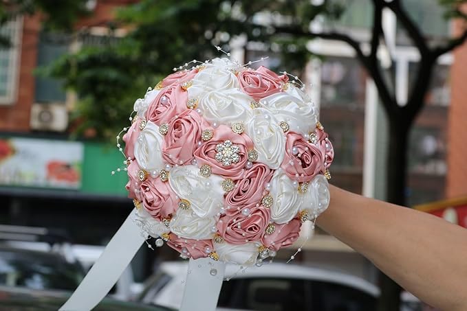 Handmade Wedding Bouquets for Bride Bridesmaid Brooch Bouquet Artificial Holding Flower Tossing Bouquet for Wedding Ceremony Anniversary(Ivory/Pink, 19cm)