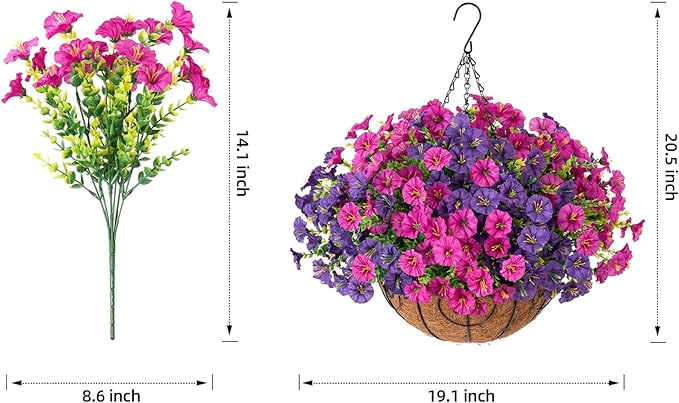 Artificial Fake Hanging Flowers Plants Baskets for Outdoors Spring Summer Decoration, UV Resistant Faux Silk Morning Glory in Planter Realistic for Outside Porch Patio Balcony Garden Yard Home Decor