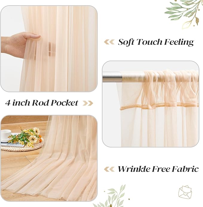 30ft x 10ft Champagne Tulle Backdrop Curtain with Lights String for Parties, Sheer Wedding Photo Backdrops Drapes for Baby Shower Birthday Party Decorations Background for Photography