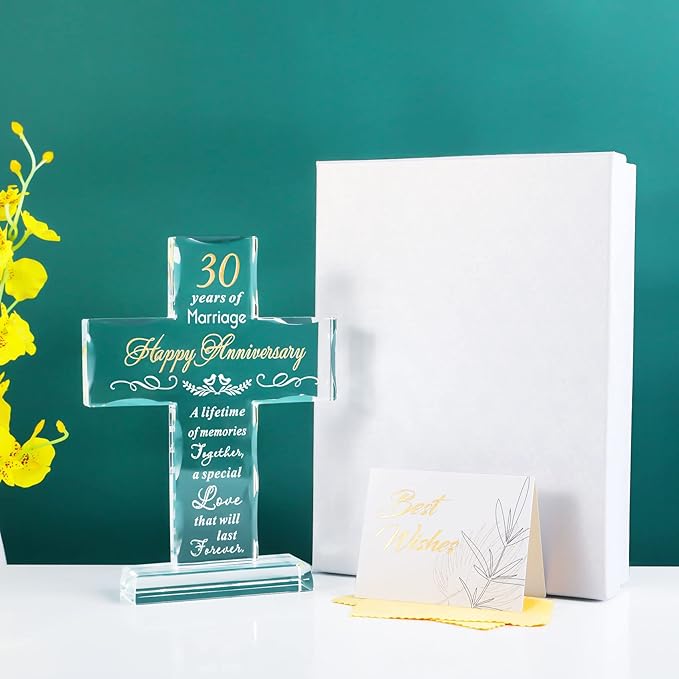 YWHL 30 Years Anniversary Cross Gifts for Wife Him Her, 30th Wedding Anniversary Meaningful Gifts for Couples, Glass Cross Keepsake with Standing Base, 30 Years of Marriage Gift