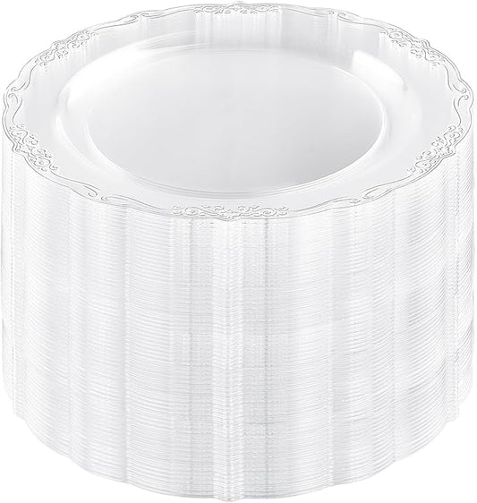 DaYammi 60PCS Clear Plastic Plates Heavy Duty Clear Disposable Plates 7.5” Fancy Dessert Plates Small Cake Plates Appetizer Platos Hard Round Plastic Platos Disposable for Wedding and Party