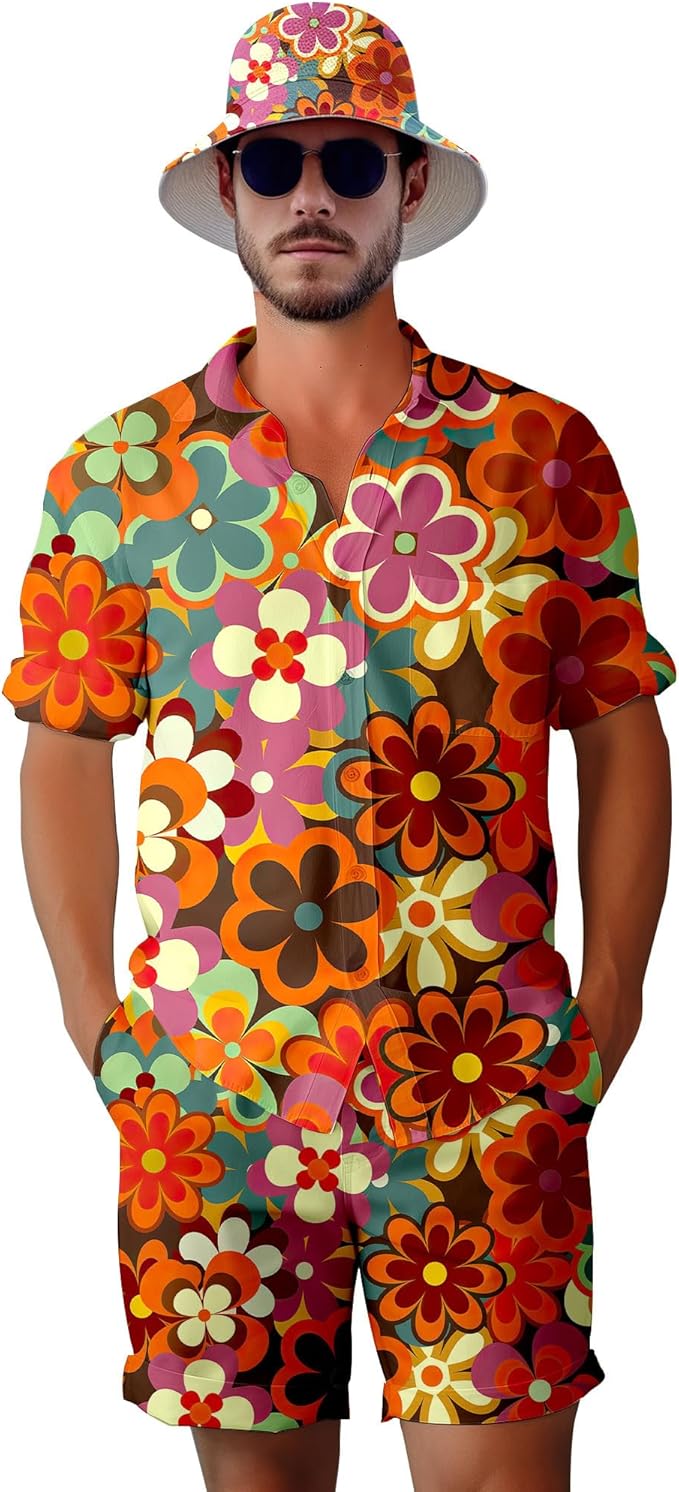 Men's 2 Piece Tracksuit 80s 90s Outfit Button Down 80s Shirts and Shorts Sets with Bucket Hats