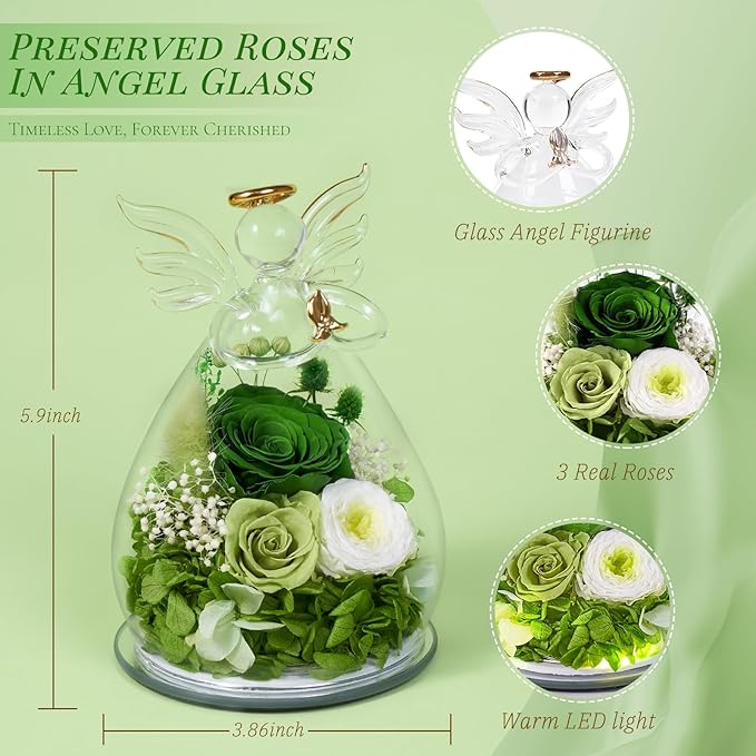 Birthday Gifts for Women Mom Preserved Roses in Glass Angel Figurines Fresh Flowers for Delivery Forever Flowers Eternal Rose Valentines Day for Grandma Sister Wife Her Daughter