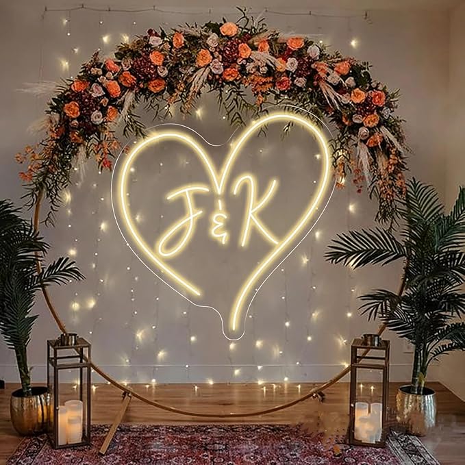 Custom Wedding Initials Neon Sign Couple Initials LED Heart Neon Light Up Sign for Wedding Engagement Party Backdrop Wall Decor Personalized Gifts
