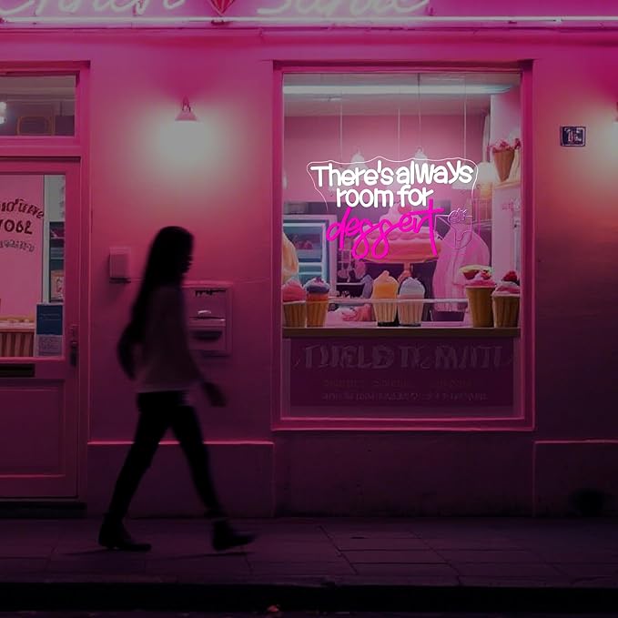 NOSUN There's Always Room for Dessert Neon Sign LED Bar White Text Treat Yourself for Snack Candy Dessert Flower Bar Bedroom Wall Decor Wedding Birthday Party Home Room Gift