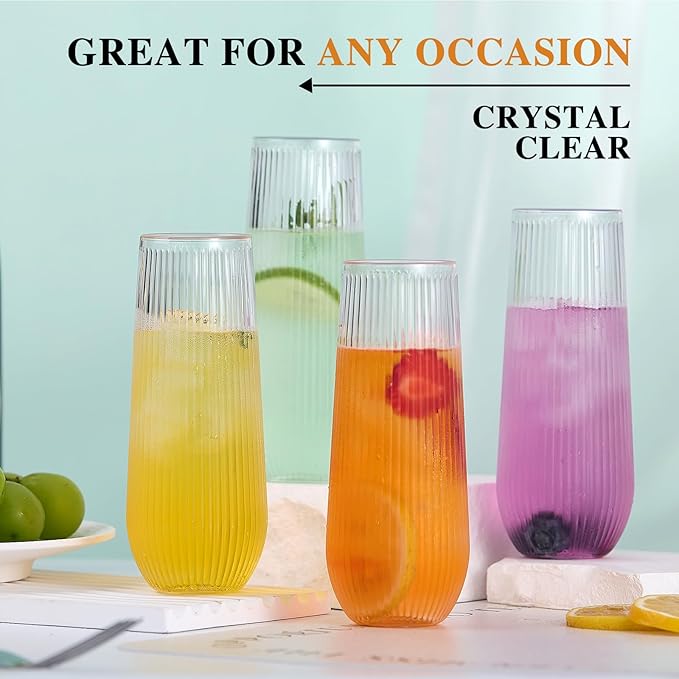48 Pack Plastic Ribbed Champagne Flutes, 9 Oz Stemless Disposable Clear Plastic Toasting Glasses Shatterproof Recyclable and BPA-Free Perfect For Wedding