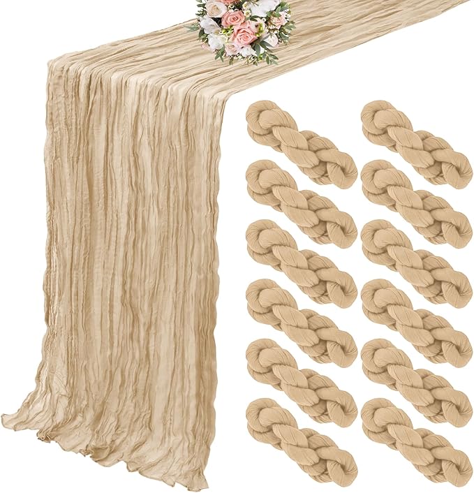 12 Pack Cheesecloth Table Runner 35 x 120 inch Long Boho Cheese Cloth Gauze Table Runners Semi Sheer Table Runner for Wedding Decor, Bridal Shower, Birthday Party (Beige)