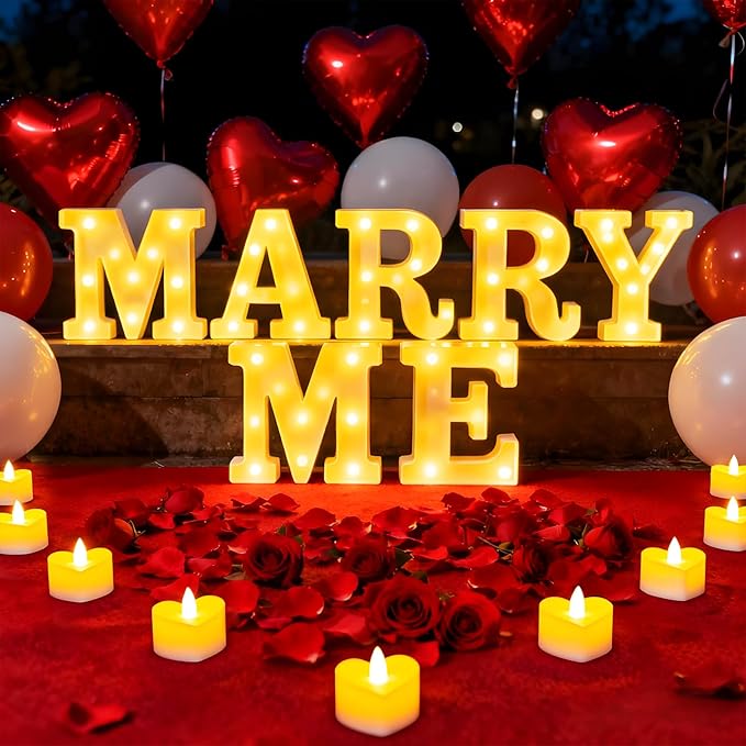 Marry Me Light Up Letters, with 30 Tea Lights Candles, Rose Petals, Aluminum Balloons, Balloons, Red Carpet, Rose Ring Box, Double Sided Tape, Valentine's Day Proposal Engagement Wedding Decorations