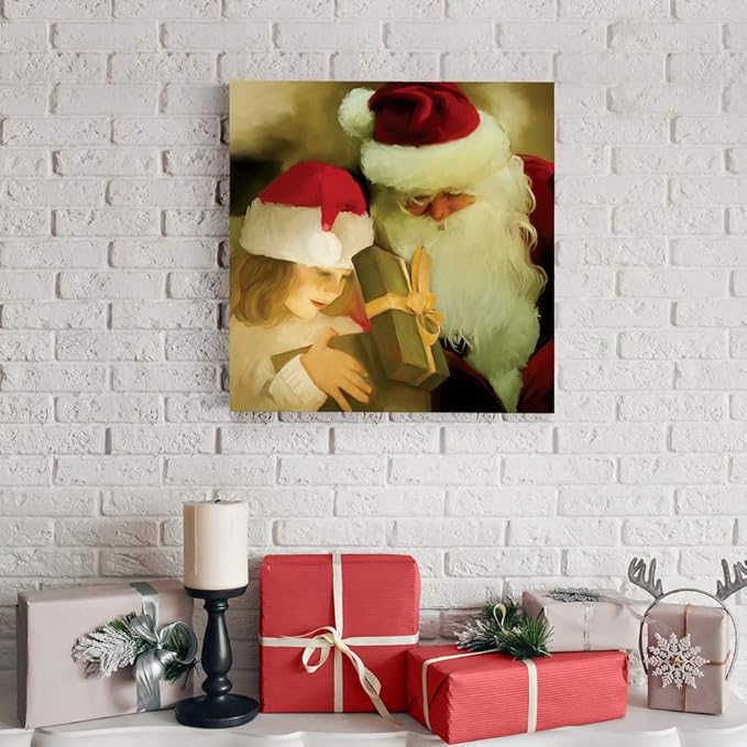 Renditions Gallery A Gift from Santa Wall Art, Little Girl with Present, Winter Artwork, Holiday Decor, Red & White, Premium Gallery Wrapped Canvas, Ready to Hang, 24 in H x 24 in W, Made in America