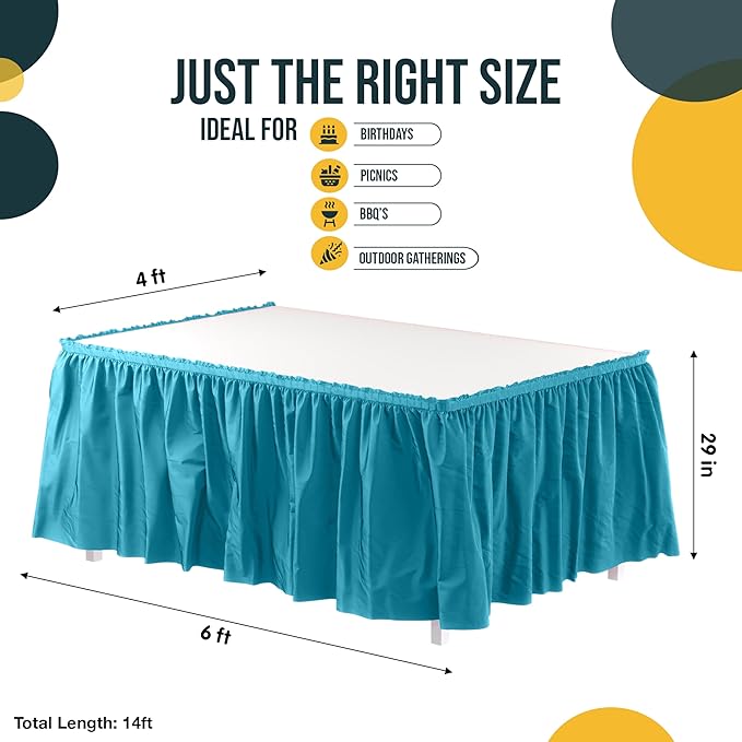 Exquisite Ruffle Table Skirt Turquoise 12 Pack 14 Ft Long Table Skirts for Rectangle Tables 6ft Plus or Round Tables Skirts with Adhesive Strip for Gender Reveal Decor & Happy Birthday Parties