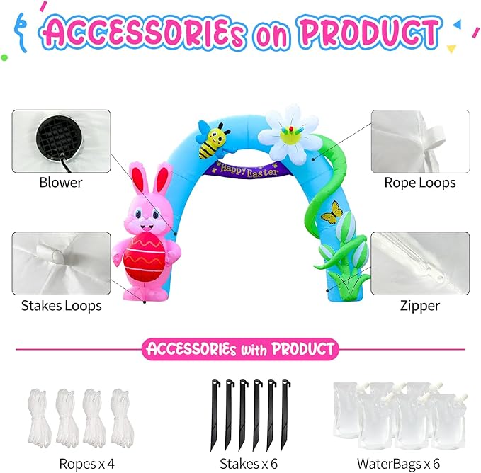 Domkom 12FT Long Huge Easter Inflatable Bunny Archway Outdoor Decorations,Build-in LED Lights Holiday Blow Up Yard Decoration, for Easter&Spring, Outdoor,Garden, Yard Lawn Décor