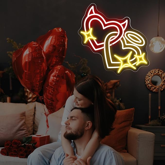 Angel and Devil Heart Neon Sign - 5-Level Dimmable USB Valentine's Day Decor & Heart Neon Signs, Ideal for Weddings, Parties, Shop Walls, Cute Bedroom Wall Art
