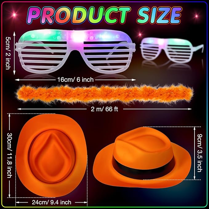 54 Pieces Neon Party Supplies Glow in The Dark Parties Supplies 18 Pcs Neon Gangster Party Hats 18 Pcs Light up Glasses with Colorful Feather Boas for Mardi Gras Carnival Hora Loca 80's Raves
