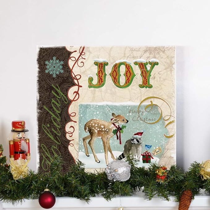 Renditions Gallery Holiday Joy Wall Art, Cute Winter Decor, Festive Fawn Deer, Raccoon, & Bluebird with Present, Premium Gallery Wrapped Canvas, Ready to Hang, 40 in H x 40 in W, Made in America
