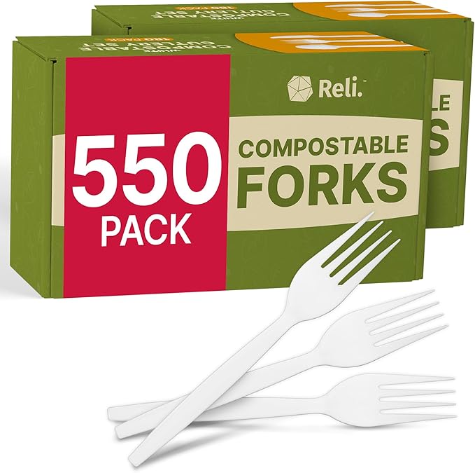 Reli. Compostable Forks (550 Pack) | Disposable Utensils Heavy Duty Forks | Compostable Utensils, Cutlery for Party, Events, Party Supplies | BPA Free, Cornstarch, Composting Flatware (White)