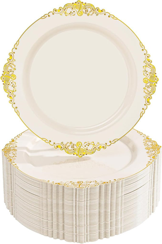 Nervure 100Pcs Ivory Plastic Plates - 7.5inch Ivory and Gold Disposable Plates - Heavyweight Plastic Plate - Dessert Plate for Wedding & Party