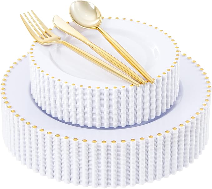 LIYH 150 Pcs White and Gold Plastic Plates - Elegant Disposable Gold Plastic Dinnerware set Include Dinner & Dessert Plates Cups for Birthday Party Wedding 30 Guests