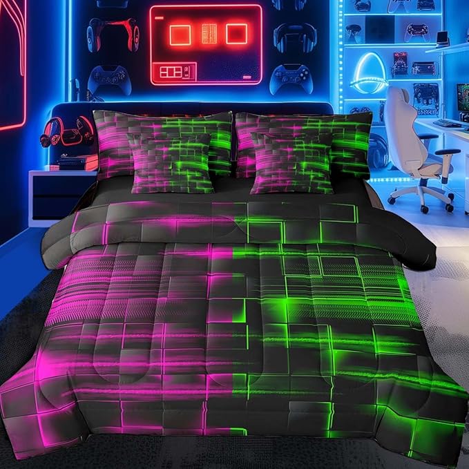 Feelyou Green and Rosered Comforter Set with Sheets 7 Piece Twin Size Kids Geometric Bed in a Bag Strip Lines Bedding Set Abstract Art Bed Set with Comforter, Sheets,Cushion Covers