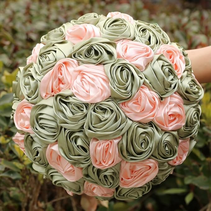 Handmade Wedding Bridal Bouquet Round Satin Rose Flower Bouquet for Bride Bridesmaid Quinceanera Wedding Bouquet Sage Green and Pale Pink 7.5in