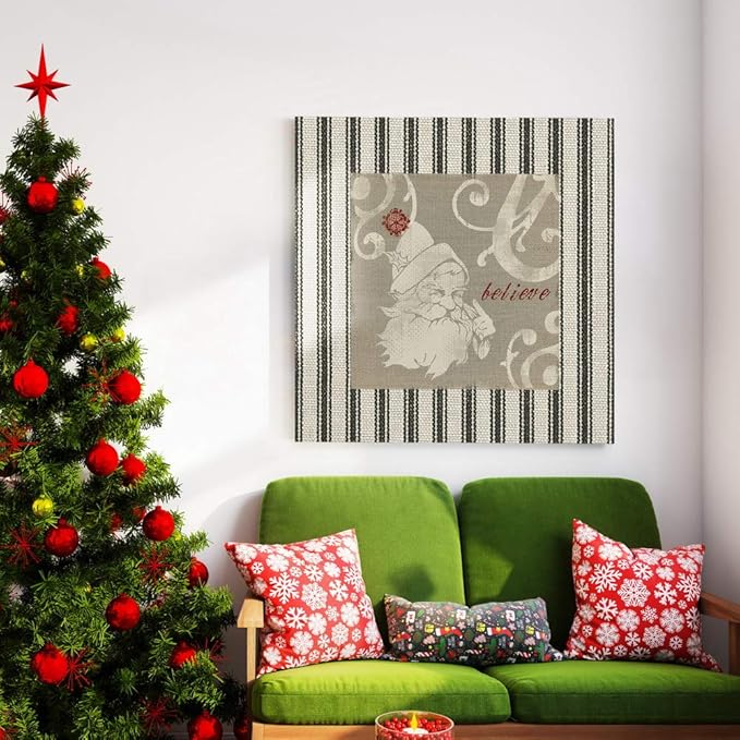 Renditions Gallery Believe Santa Claus Wall Art, Christmas & Winter Decor, Cream & Red, Striped Fabric Look, Premium Gallery Wrapped Canvas, Ready to Hang, 40 in H x 40 in W, Made in America