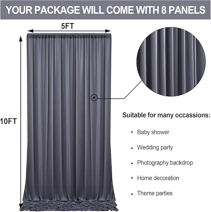40 ft x 10 ft Wrinkle Free Charcoal Backdrop Curtain for Parties, Dark Grey Polyester Photo Backdrop Drapes for Baby Shower Wedding Engagement Birthday Party Backdrop Stand, 8 Panels 5ft x 10ft
