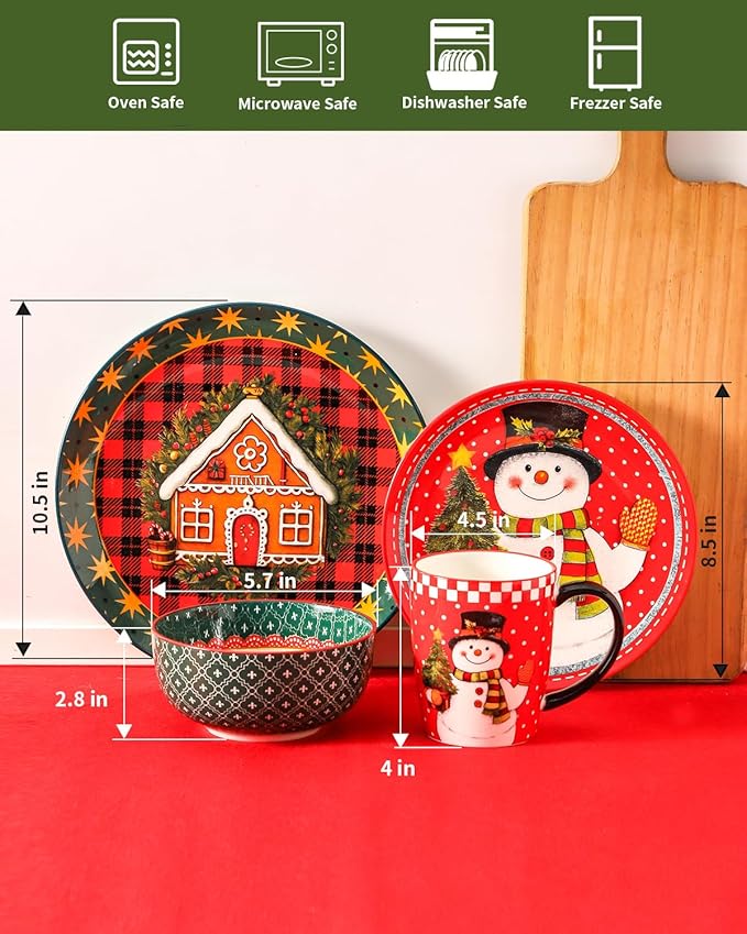 Hasense Dinnerware Set of 4, Ceramic Holiday Plates and Bowls Sets with Mugs, 16 Pieces Chip & Scratch Resistant Party Serving Dishes for New Year Gift, Microwave and Dishwasher Safe