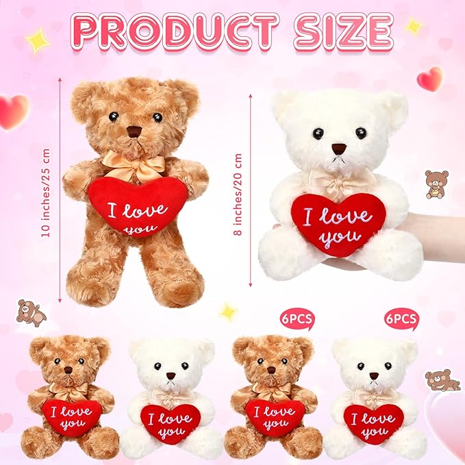 Hungdao 12 Pack Valentine's Day Bear Bulk 10 Inch Soft Valentine Stuffed Animals Cute Plush Bears Romantic Gift for Valentines Day Girlfriend Birthday Wedding Anniversary Decoration(Heart)