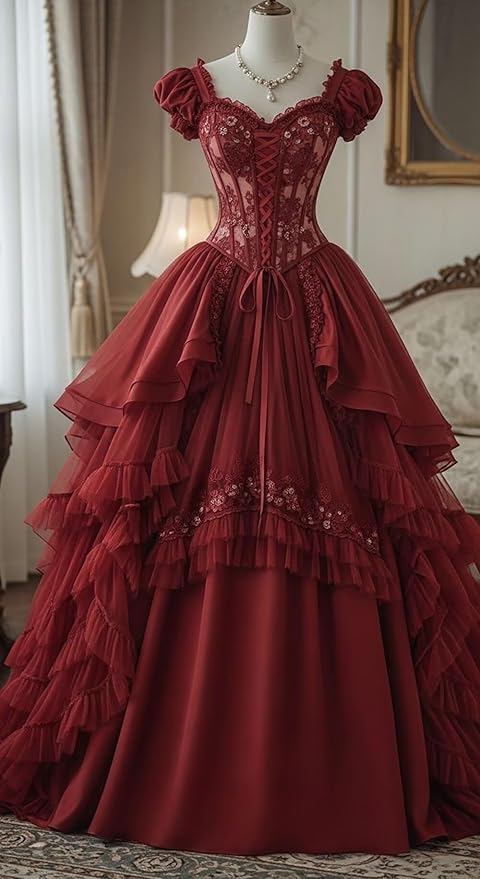 Ftupza Gothic Wedding Dresses Lace Appliques 1800s Victorian Dresses for Women Layered Tulle Prom Dress Long Ball Gown