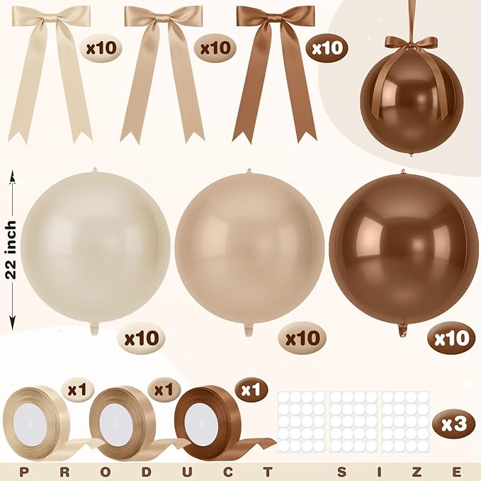 Jenaai 30 Set Round Foil Balloons Bulk 22 Inch 4d Metallic Giant Balloons Set with Satin Bows Ribbon for Ceiling Holiday Ornaments New Year Birthday Wedding Party Decoration(Warm Colors)