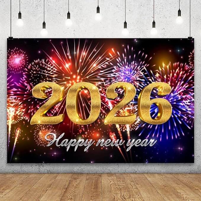 YongFoto 2026 Happy New Year Backdrop 20x10ft Glorious Night Sky Fireworks Photography Background Christmas Night Festival Carnival Family Party Banquet Decor Banner Photoshoot Wallpaper Photo Booth