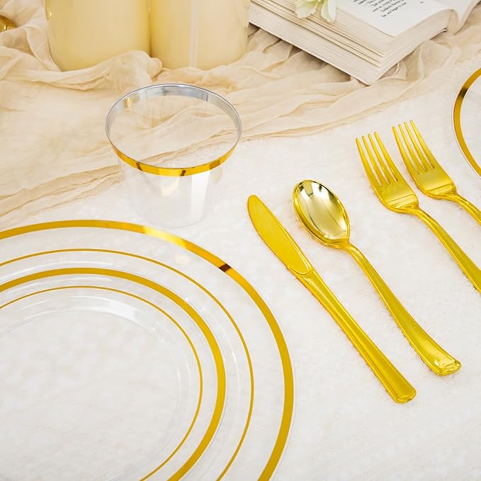 WELLIFE 600 PCS Clear Gold Disposable Dinnerware Set for 100 Guests — Elegant Gold rimmed Plastic Plates, Cups & Cutlery for Weddings, Receptions & Holiday Events, BPA-Free, Clear and Gold