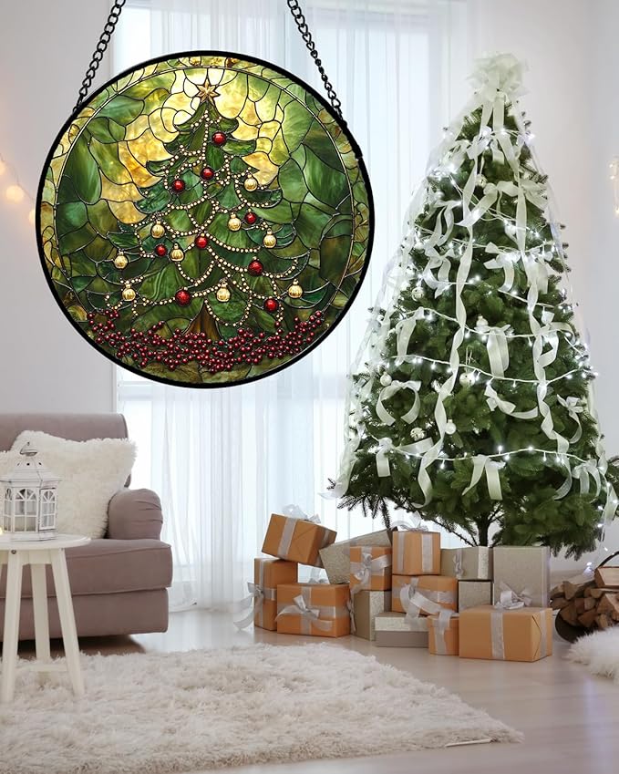 Stained Glass Window Hanging - Retro Green Christmas Tree Suncatcher for Doors Home Christmas Decoration Sun Catcher Thanksgiving New Year Birthday Gifts for Women Men Mom Nana 9.8 in