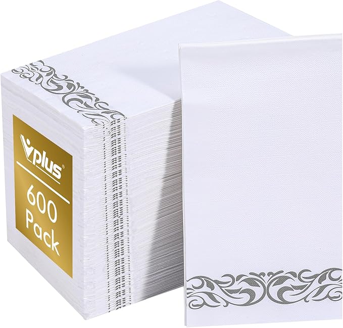 Vplus 600 Pack Paper Napkins Guest Towels Disposable Premium Quality 3-ply Dinner Napkins Disposable Soft, Absorbent, for Kitchen, Wedding, Parties, Dinners or Events(Silver)