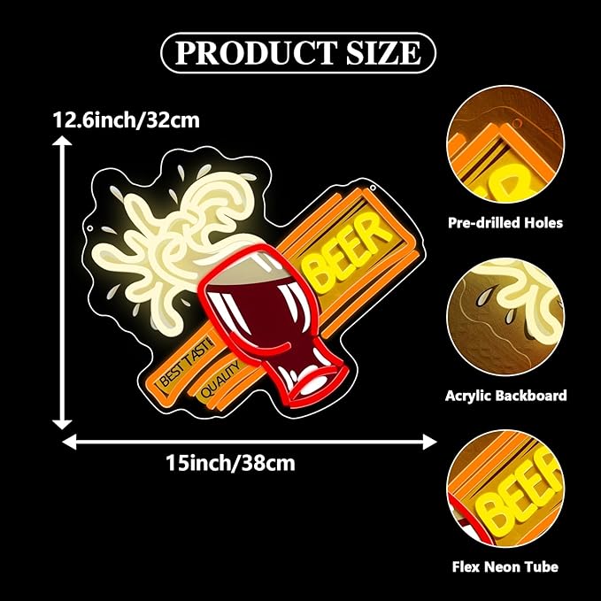 Beer Led Neon Light Sign, Beer Bar Neon Signs for Wall Decor Man Cave Light Up Sign for Home Bar Bedroom Pub Bistro Party Gift Dimmable USB Powered(15"*12.6")