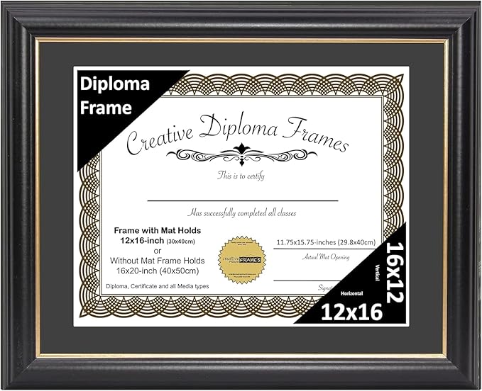 Creative Picture Frames 12" x 16" Rockefeller Black with Gold Rim Diploma Frame, Displays 12" x 16" Certificate or 16" x 20" Document without Mat, College Degree Frame, Full-Strength Glass, Black Mat