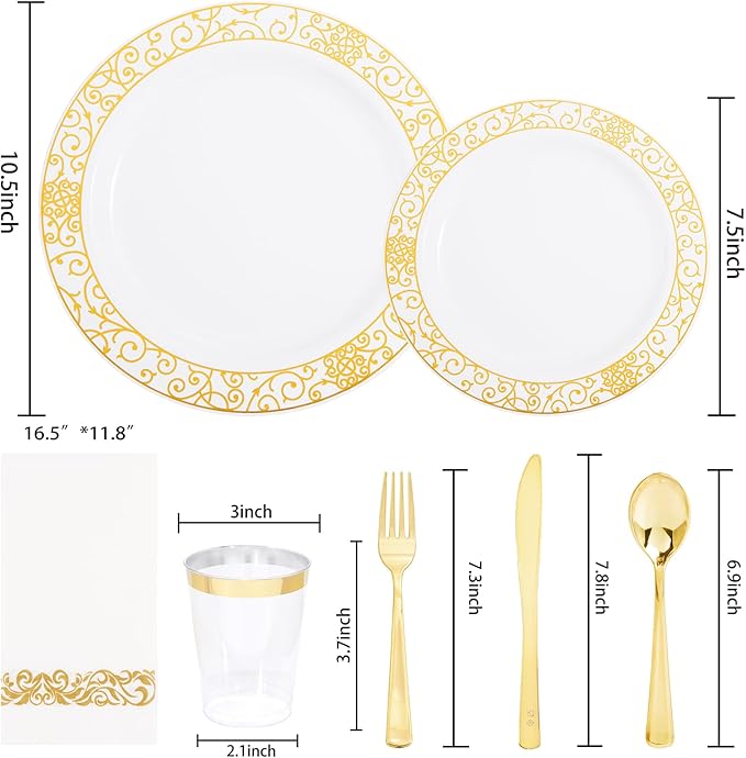 LIYH 700 Pcs Gold Plastic Dinnerware Set for 100 Guests - Plastic Plates for Party Includes Disposable Plates, Cups, Wedding Napkins and Disposable Cutlery Elegant White & Gold Design for Wedding