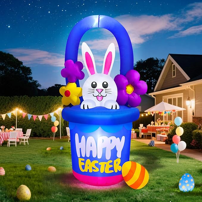 Danxilu 6 FT Easter Inflatables Outdoor Decorations, Cute Blow Up Easter Bunny in Flower Basket for Outside, Built in LED Lights Holiday Inflatable Yard Decoration for Spring Party Indoor Garden Lawn
