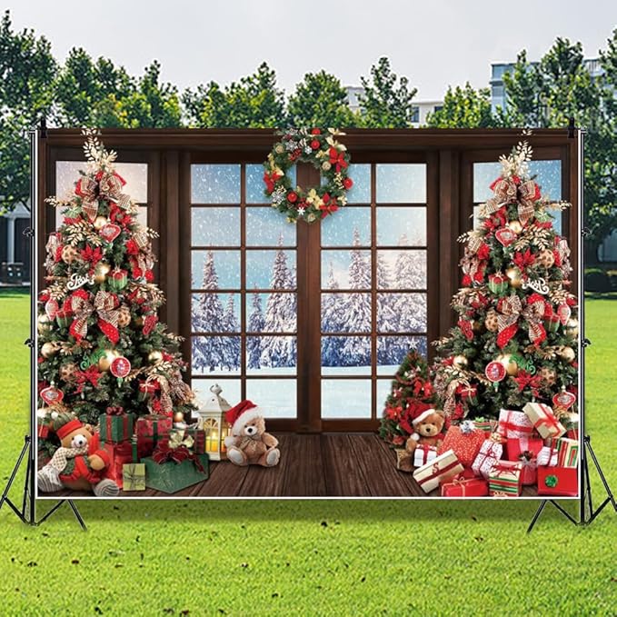 Leowefowa 12x8ft Christmas Backdrop Snow Scenery Nature Forest Christmas Tree Background Winter Vintage Window Merry Festival Family Decor Party Banner Photo Supplies Prop