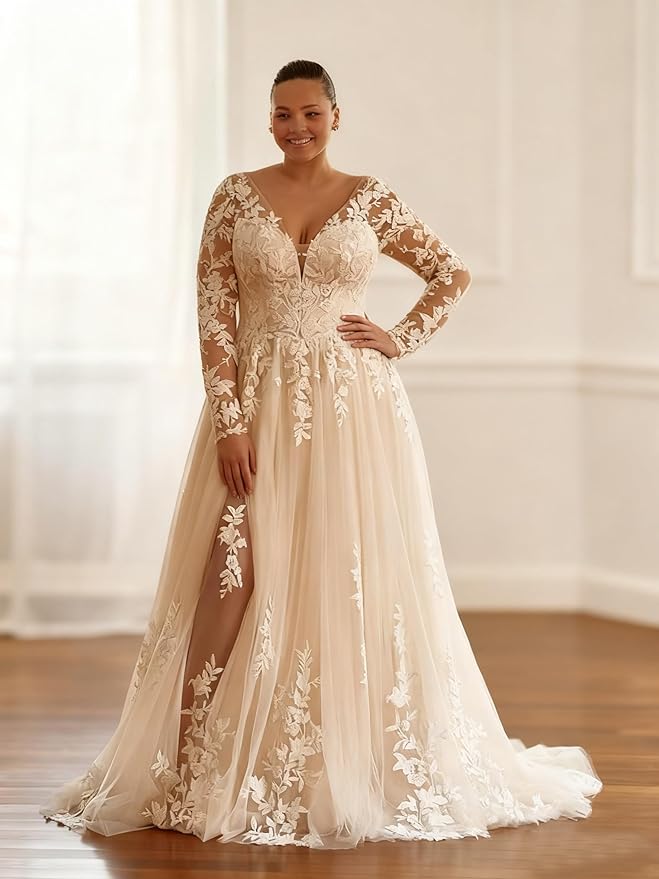 Plus Size Wedding Dresses for Bride Long Sleeve Wedding Bridal Gowns with Lace Appliques Off Shoulder Bride Dress