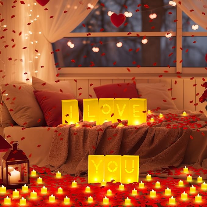 6080 Pcs I Love You Light up Letters with LED Flameless Tealight Candle Red Rose Petal Letter Luminary Paper Bag for Valentine's Day Decorations Anniversary Proposal Romantic Special Night Decor