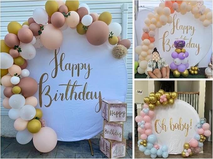 Gold Happy Birthday Sign Round Backdrop Cover 6.5ft,White Circle Background Cover with 4Clips, Round Backdrop for Photography Gold Happy Birthday Kids Baby Party Decoration Banner