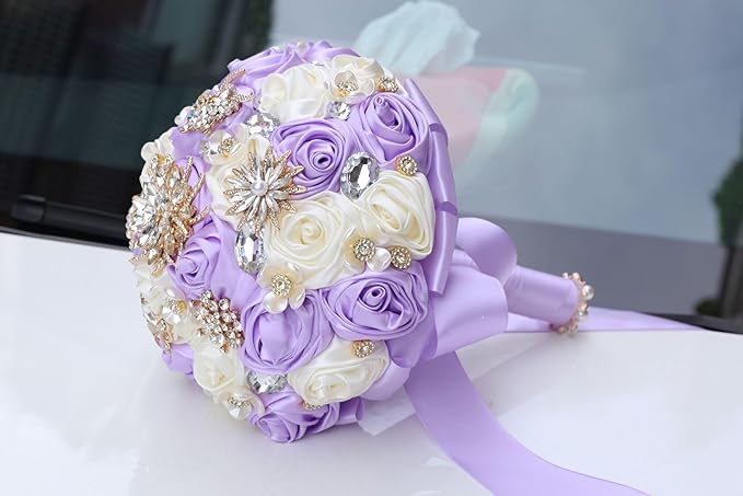 Handmade Wedding Bouquets for Bride Bridesmaid Brooch Bouquet Artificial Holding Flower Tossing Bouquet for Wedding Ceremony Anniversary(Light Purple/Ivory,16cm)