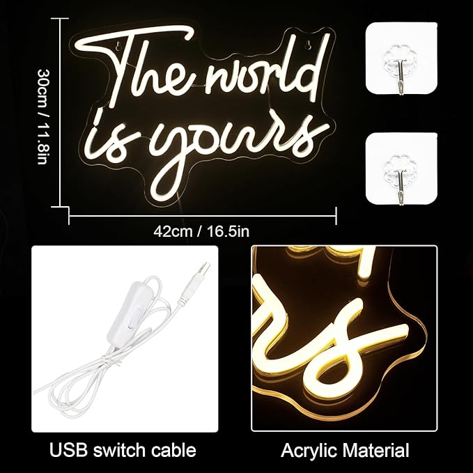 Lucunstar The World Is Yours Neon Signs Valentine Neon Sign Warm White Led Neon Light for Wall Decor Light Up Sign for Wedding USB Powered Led Neon Signs for Bedroom Valentines Day Decor
