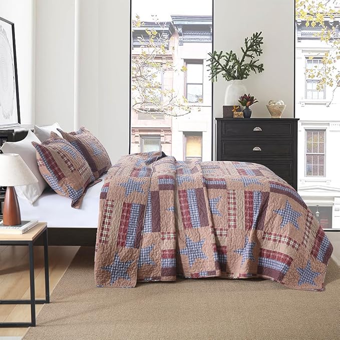 Cotton Bedding Quilt Sets Reversible Patchwork Coverlet Sets All Season Brown Bedspread, Mediterranean Star Pattern, Queen Size