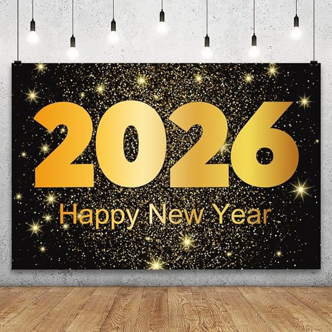 YongFoto 2026 Happy New Year Backdrop 10x7ft Gold Photography Background Merry Christmas Night Festival Carnival Family Celebration Party Banquet Decor Banner Photoshoot Wallpaper Photo Booth